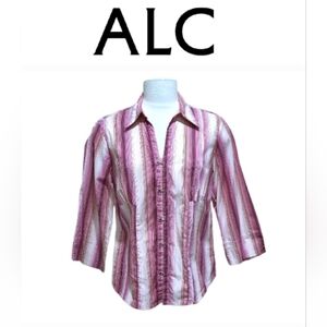 ALC Stretch Maroon Stiped ¾ Sleeve Blouse With Lever Clip Button Front Sz M